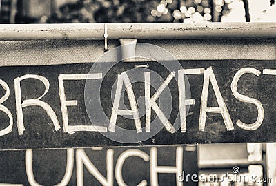 Breakfast, lunch and dinner street signs. Holiday, tourism and f Stock Photo