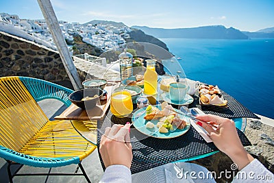 Breakfast in luxurious resort in Santorini Stock Photo