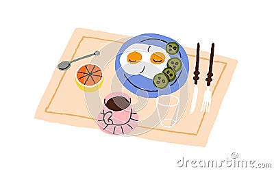 Breakfast meal, dish. Fried eggs served with vegetables, coffee cup, fruit. Healthy lunch, brunch, traditional tasty Vector Illustration