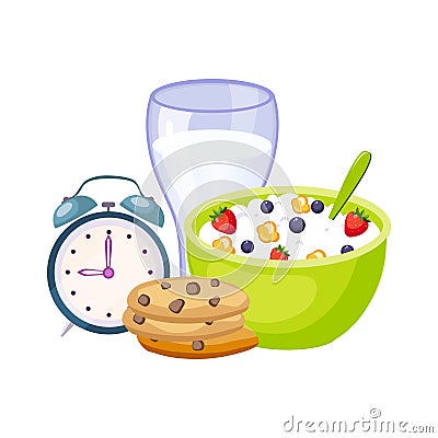 Breakfast Meal With Milk, Cereals And Clock, Set Of School And Education Related Objects In Colorful Cartoon Style Vector Illustration