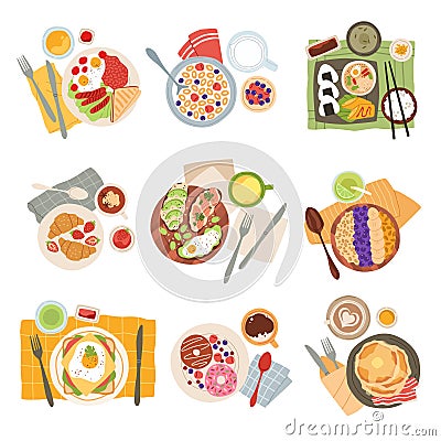 Breakfast meal. Morning tasty healthy food types, avocado toasts, americano coffee and doughnuts, pancakes with bacon Vector Illustration