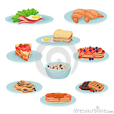 Breakfast menu food set, acon, fried eggs, croissant, sandwich, pancakes, muesli, wafers vector Illustration on a white Vector Illustration