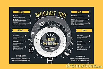 Breakfast menu, restaurant template on chalkboard. Blackboard poster with doodle icons with alarm, fruit, plate Vector Illustration