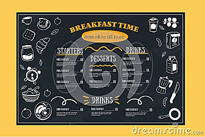 Breakfast menu, restaurant template on chalkboard. Blackboard poster with doodle icons with alarm, fruit, plate Vector Illustration