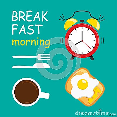 Breakfast morning. Alarm clock, coffee, fried eggs, cheese and bread, fork and knife. Vector Cartoon Illustration