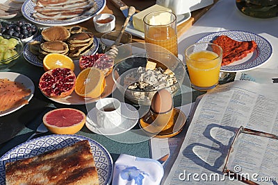Breakfast morning buffet brunch with food and drinks Stock Photo