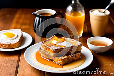 Slice of bread with honey on a white plate on wooden table Stock Photo