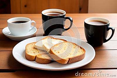 Slice of bread with honey on a white plate on wooden table Stock Photo