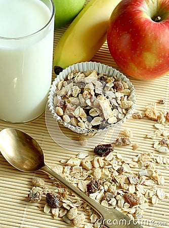 Breakfast, muesli apple and glass of milk Stock Photo