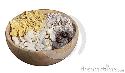 Breakfast muesli, nuts, raisins, fresh berries and cereals on a white background Stock Photo