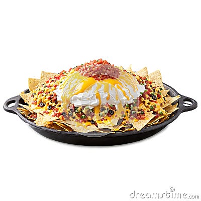 Breakfast nachos crispy tortilla chips layered with scrambled eggs salsa and melted cheese with sour Stock Photo