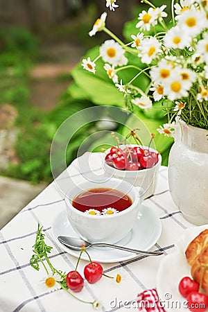 Breakfast outside. Cup of tea, strawberries, cherries, chamomile bunch on table. Summer picnic. Good morning concept Stock Photo