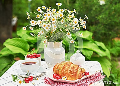 Breakfast outside. Cup of tea, strawberries, cherries, croissants, chamomile bunch on table. Summer picnic. Good morning concept Stock Photo