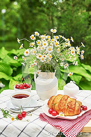 Breakfast outside. Cup of tea, strawberries, cherries, croissants, chamomile bunch on table. Summer picnic. Good morning concept Stock Photo
