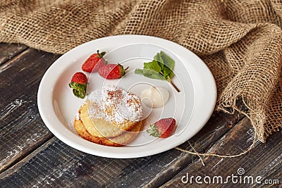 Breakfast with pancakes, strawberry, top view Stock Photo