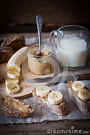 Breakfast - peanut butter, banana, milk Stock Photo