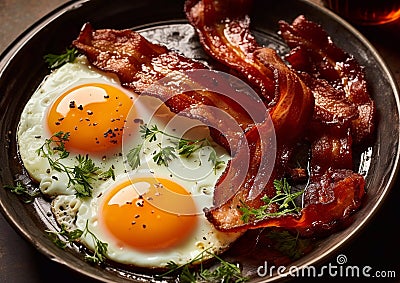 Breakfast plate with crispy fried bacon and eggs with parsley on table.Macro.AI Generative Stock Photo