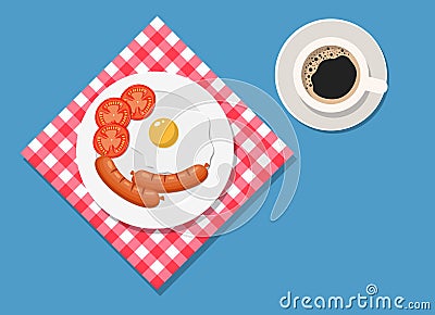 Breakfast, plate with fried egg and sausage. Vector Illustration
