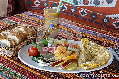 Breakfast plate. Traditional Turkish Breakfast Table Spread Breakfast. Turkish style breakfast Stock Photo