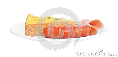 Breakfast scrambled egg sausage toast bread dish Stock Photo