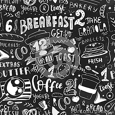 Breakfast seamless pattern design template. Modern lettering with sketch icons of food on chalkboard background Vector Illustration