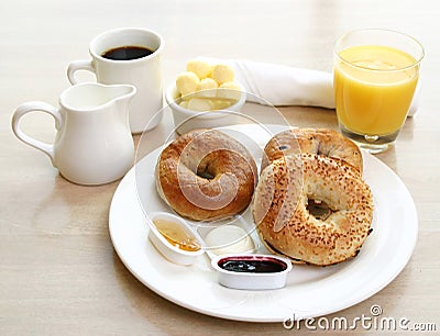 Breakfast Series - Bagels, coffee and juice Stock Photo