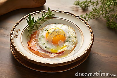 Breakfast set, fried egg, vegetable, herbs and bacon. On the table. Stock Photo