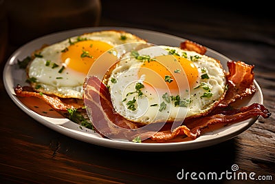 Breakfast set, fried egg, vegetable, herbs and bacon. On the table. Stock Photo