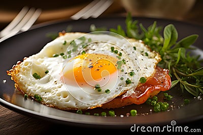 Breakfast set, fried egg, vegetable, herbs and bacon. On the table. Stock Photo