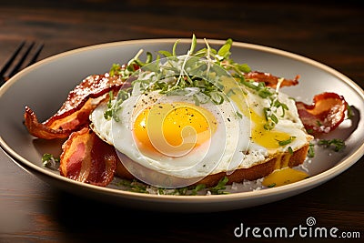 Breakfast set, fried egg, vegetable, herbs and bacon. On the table. Stock Photo