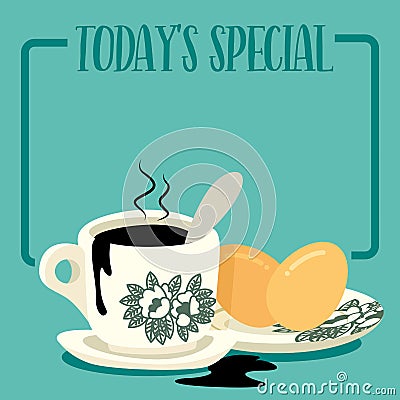 Breakfast set menu board. Traditional oriental style coffee with half boiled eggs set on blue signboard. Vector Illustration