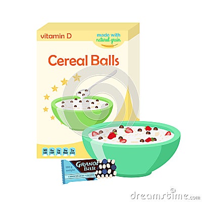 Breakfast set - milk, cereal, granola, berries. Healthy food in Vector Illustration