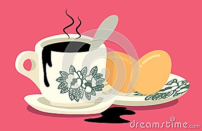 Breakfast set. Traditional oriental style coffee with half boiled eggs set on pink colour background. Vector Illustration