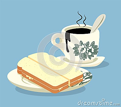 Breakfast set. Traditional oriental style coffee and kaya butter toast set. Vector Illustration