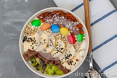 Breakfast smoothie bowl topped with chocolate Stock Photo