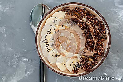 Breakfast smoothie bowl topped with chocolate Stock Photo