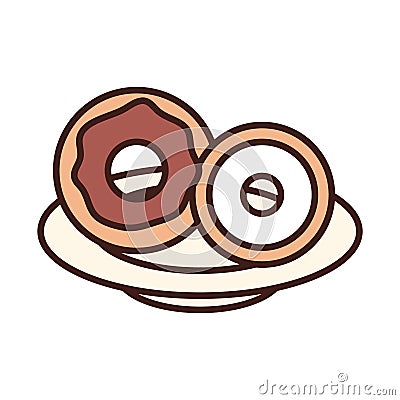 breakfast sweet donuts in plate line and fill style Vector Illustration
