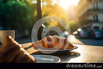 breakfast table croissant france paris food french drink bar cup. Generative AI. Stock Photo