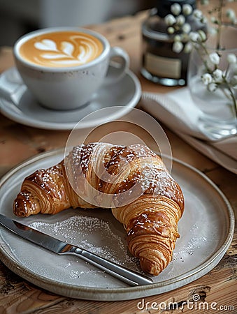 a breakfast table with a french croissant and a cup of cappucino Stock Photo