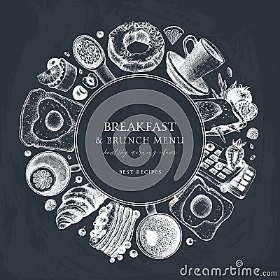 Breakfast table wreath on chalkboard Morning food and hot drinks menu vector frame. Breakfast and brunch dishes background. Vector Illustration