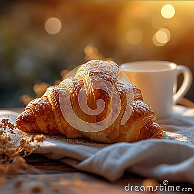 Breakfast tableau Croissant and cup on table with bokeh morning Stock Photo