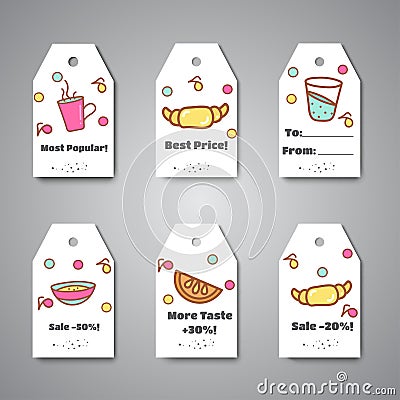 Breakfast tags and hanging for cafe, bar, bakery. Coffee and tea break. Vector labels and sale Vector Illustration