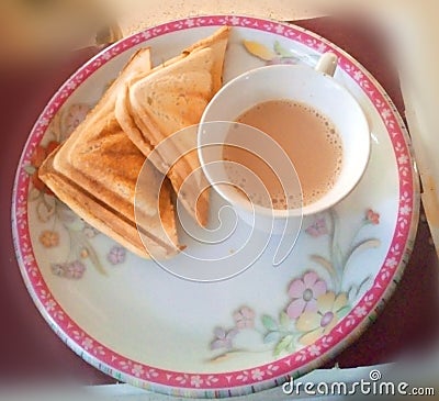 Breakfast tea with sandwiches Asian Indian Pakistani meal snacks bread Stock Photo