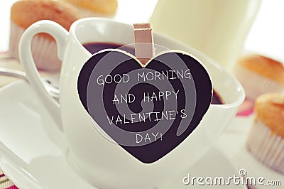 Breakfast and text good morning and happy valentines day Stock Photo