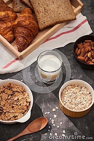 Breakfast with toast and croissant. milk in a glass bottle. Good start to the day. Good morning Stock Photo