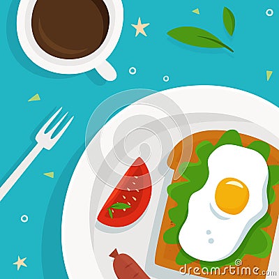 Breakfast with toast, eggs and coffee on plate. Flat Vector Illustration