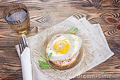 Breakfast. Toast with the finest meat and fried egg. Stock Photo
