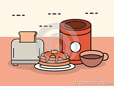breakfast toaster bread pancakes and chocolate cup line and fill style Vector Illustration