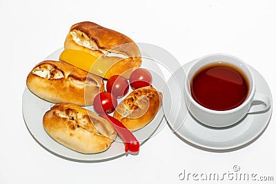 Breakfast with traditional pastries and labneh. Fatayer, fatayer, or samosa with spinach, potatoes, cheese. Stock Photo
