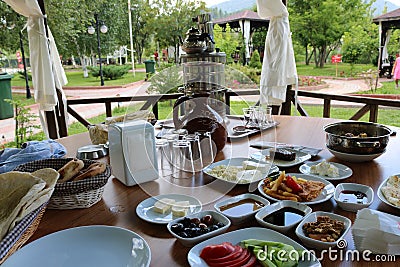 Breakfast. Traditional turkish breakfast. Brunch. Outdoor breakfast. Stock Photo